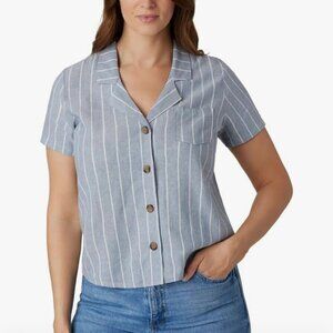 NWT LADIES SIZE XL HANG TEN BLUE WHITE STRIPES LINEN SHORT SLEEVE BUTTON SHIRT